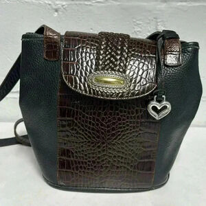 Brighton pebble, black leather with brown alligator embossed double strap bag